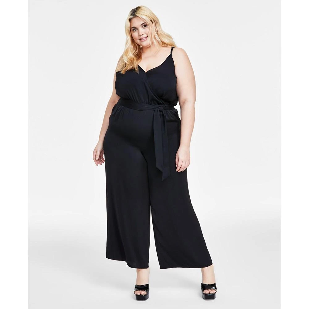 Bar III Trendy Plus Size Tie-Waist Wide-Leg Adjustable-Strap Jumpsuit, Created for Macy's 2