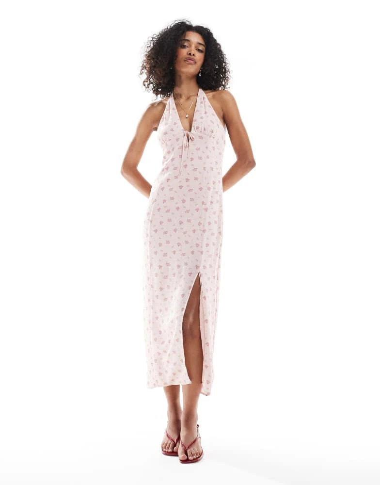 Bershka Bershka halterneck maxi dress in pink floral 1
