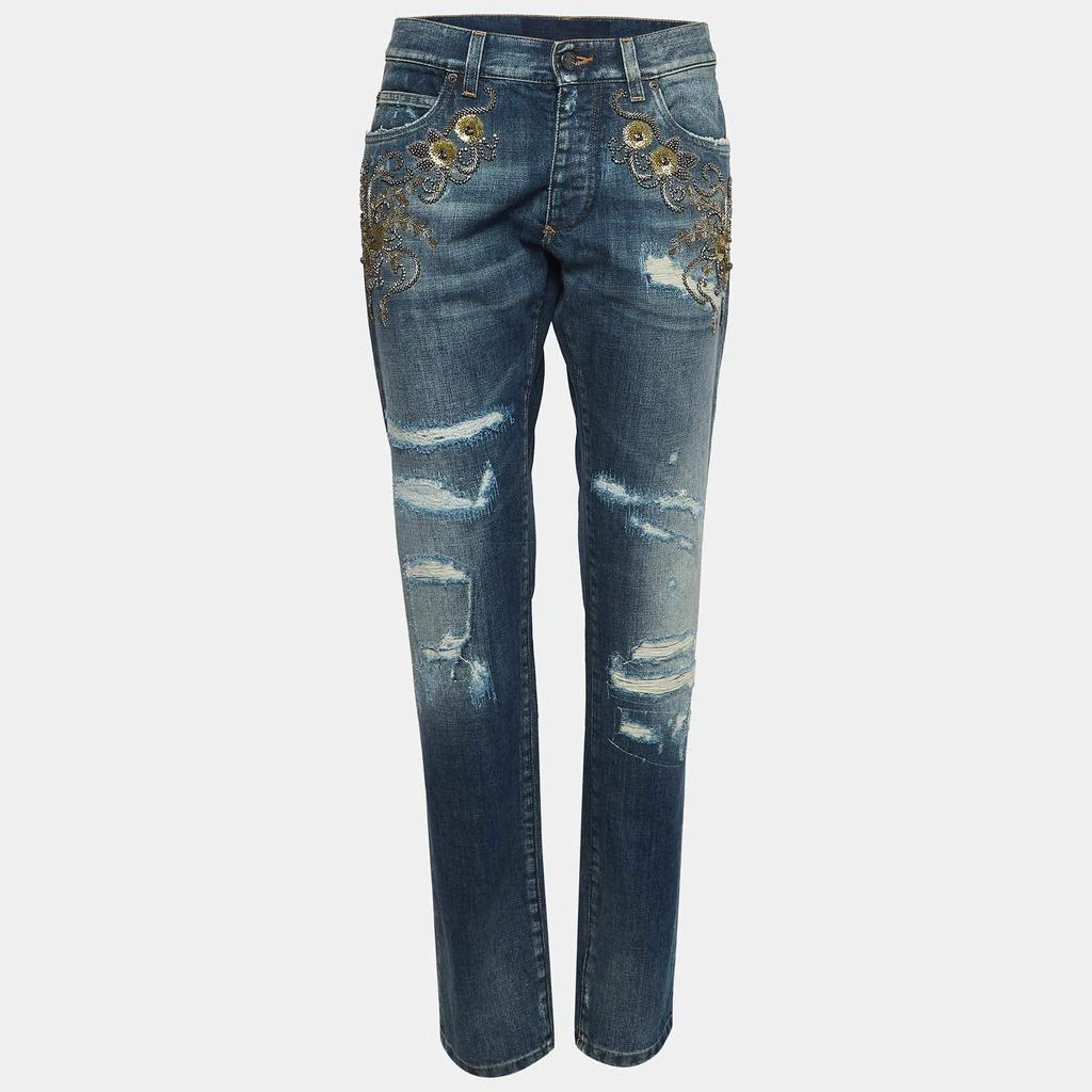 Dolce & Gabbana Dolce & Gabbana Navy Blue Ripped Denim Crystal Embellished Jeans L Waist 33" 1