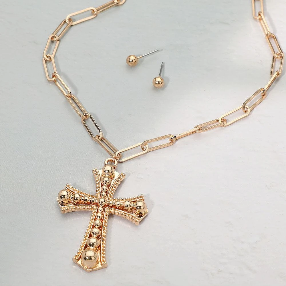 FASHNZFAB Cross Pendant Paperclip Chain Necklace