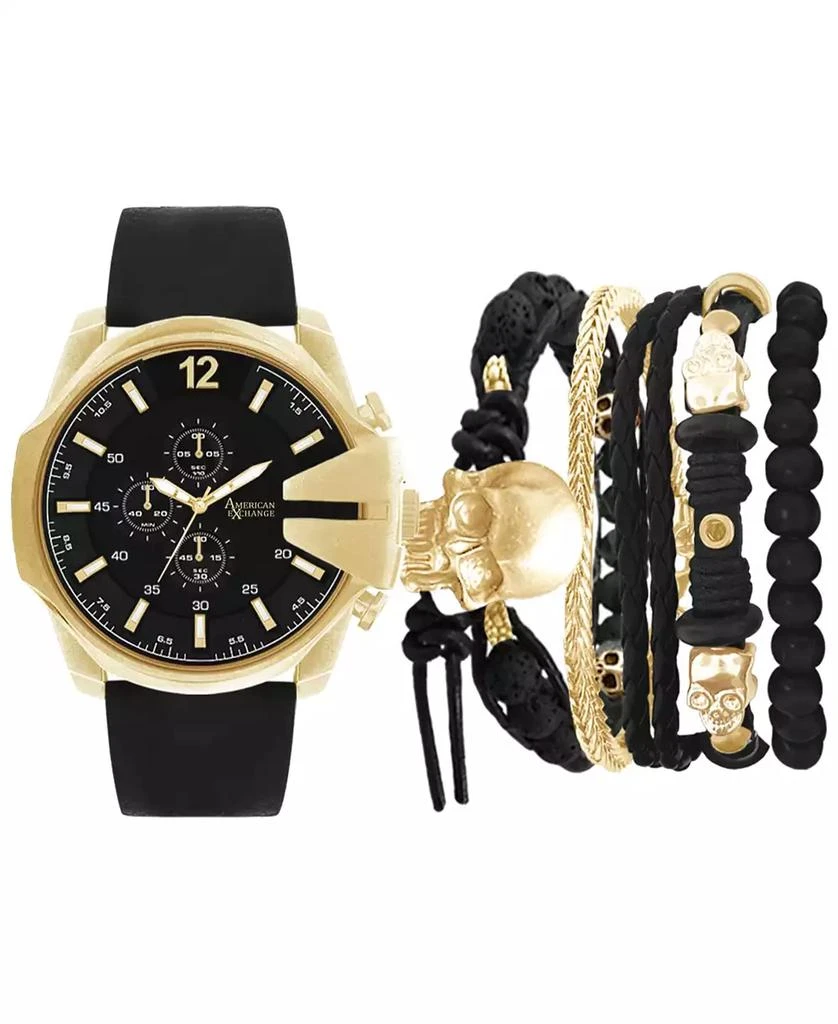 American Exchange Men's Black Leather Strap Watch 52mm Gift Set 1