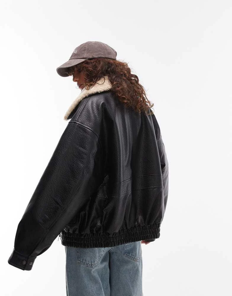 Topshop Topshop bubble faux leather jacket with detachable borg collar in black 2