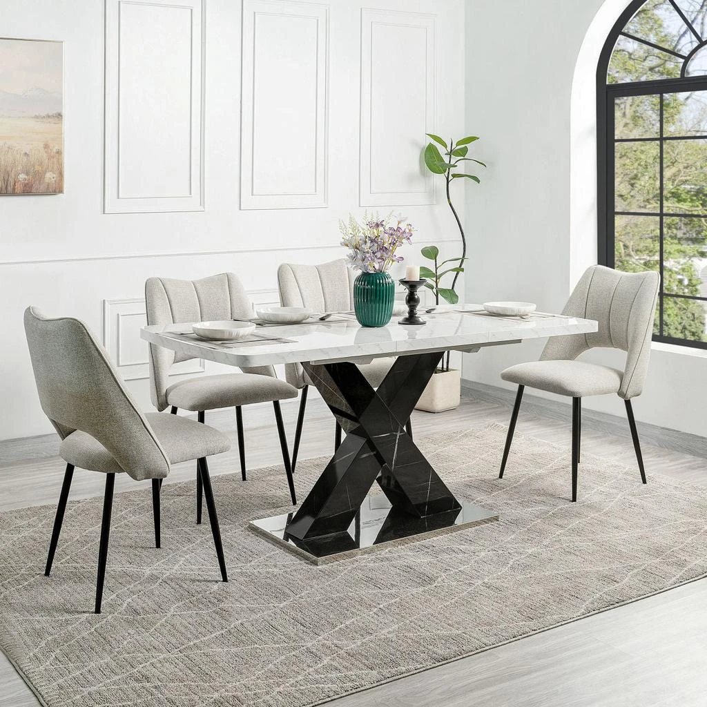 Streamdale Furniture Streamdale Modern Rectangle Dining Table, Stretchable, White Marble Top, Black X-Shape Leg 3