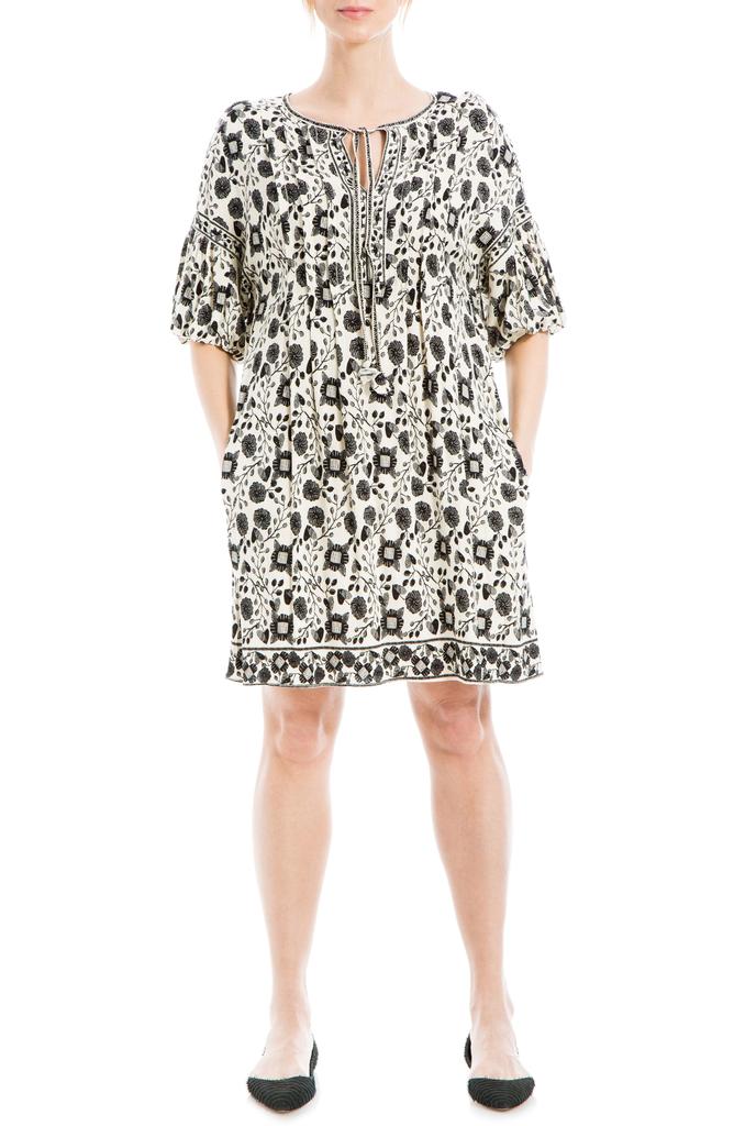 MAX STUDIO Floral Puff Sleeve Shift Dress Cream Black Slvc Flrl Hrts Large Dresses Skirts BeyondStyle