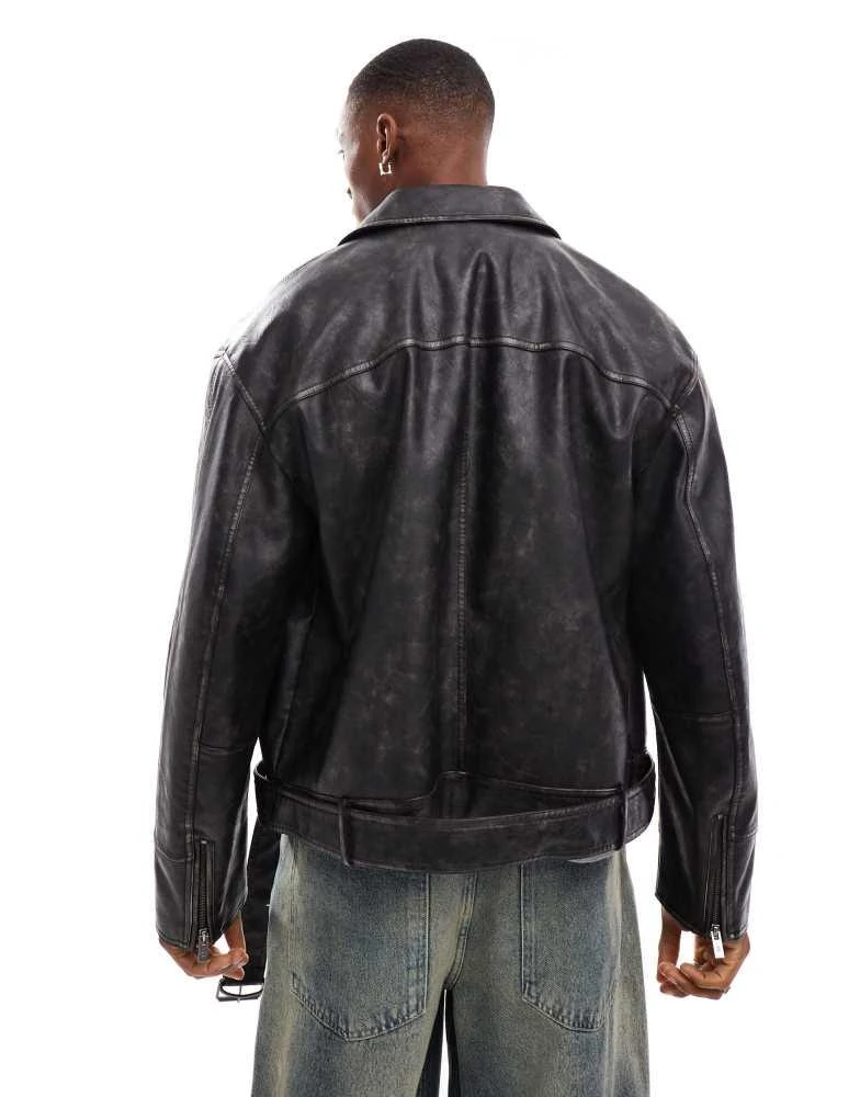 Bershka Bershka faux leather washed biker jacket in black 2