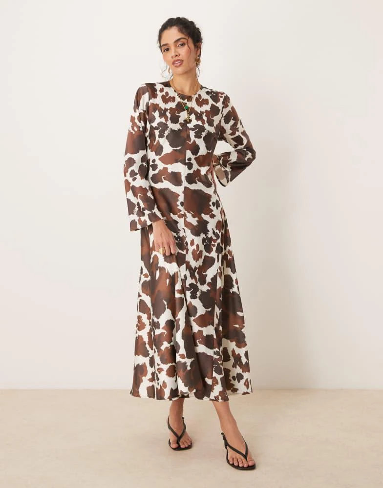 YAS long sleeve satin maxi dress in brown cow print-Multi