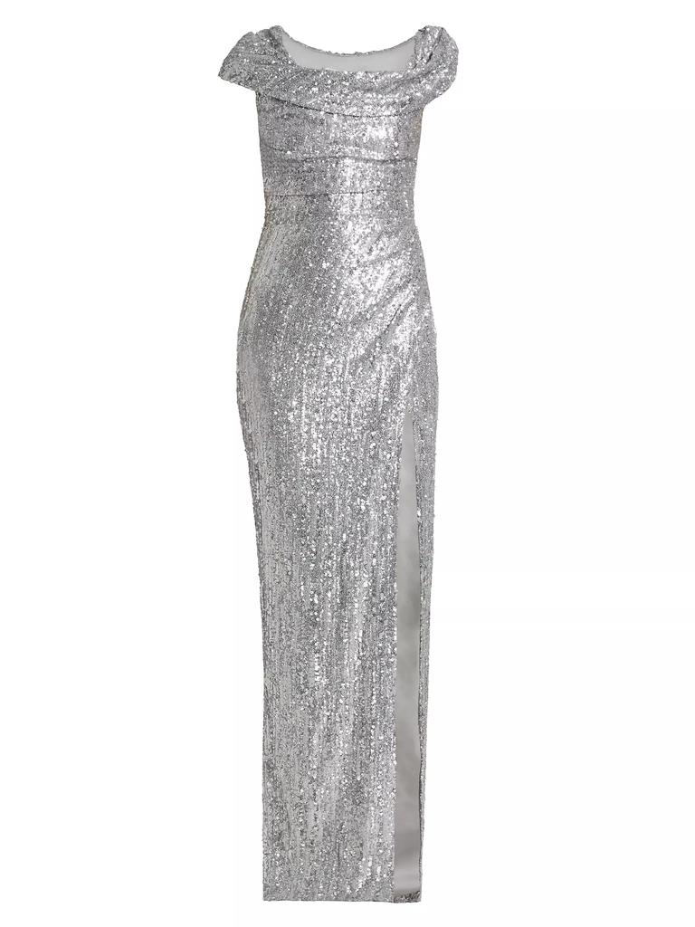 Pamella Roland Sequined Draped Column Gown