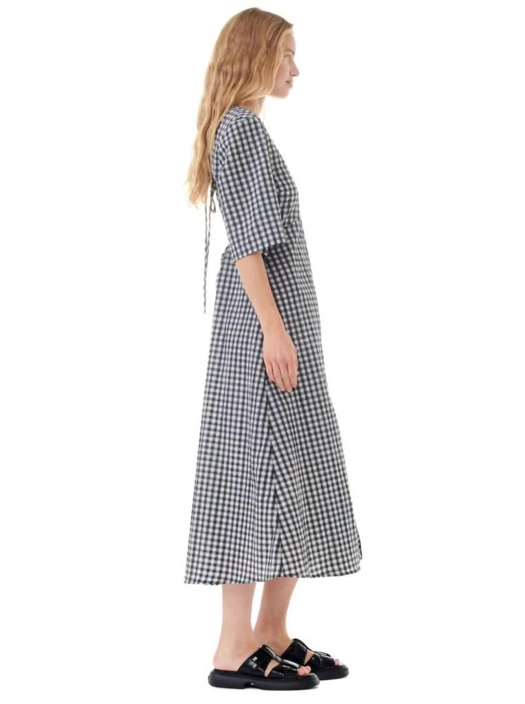 Ganni Seersucker Check V-Neck Long Dress In Egret 3