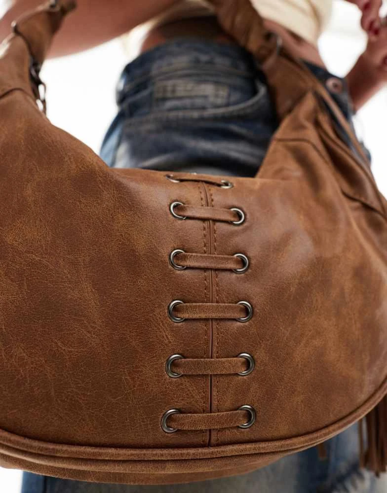 Bershka Bershka fringe detail shoulder bag in washed brown 4