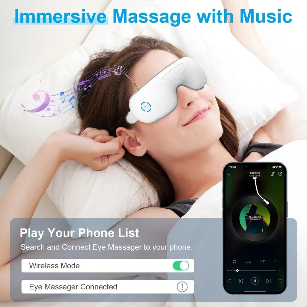 ERUULE Eye Massager With Heat Music Wireless Eye Mask for Migraines Rechargeable Eye Care Device with Air Pressure Vibration Massage for Men Women Elders 5