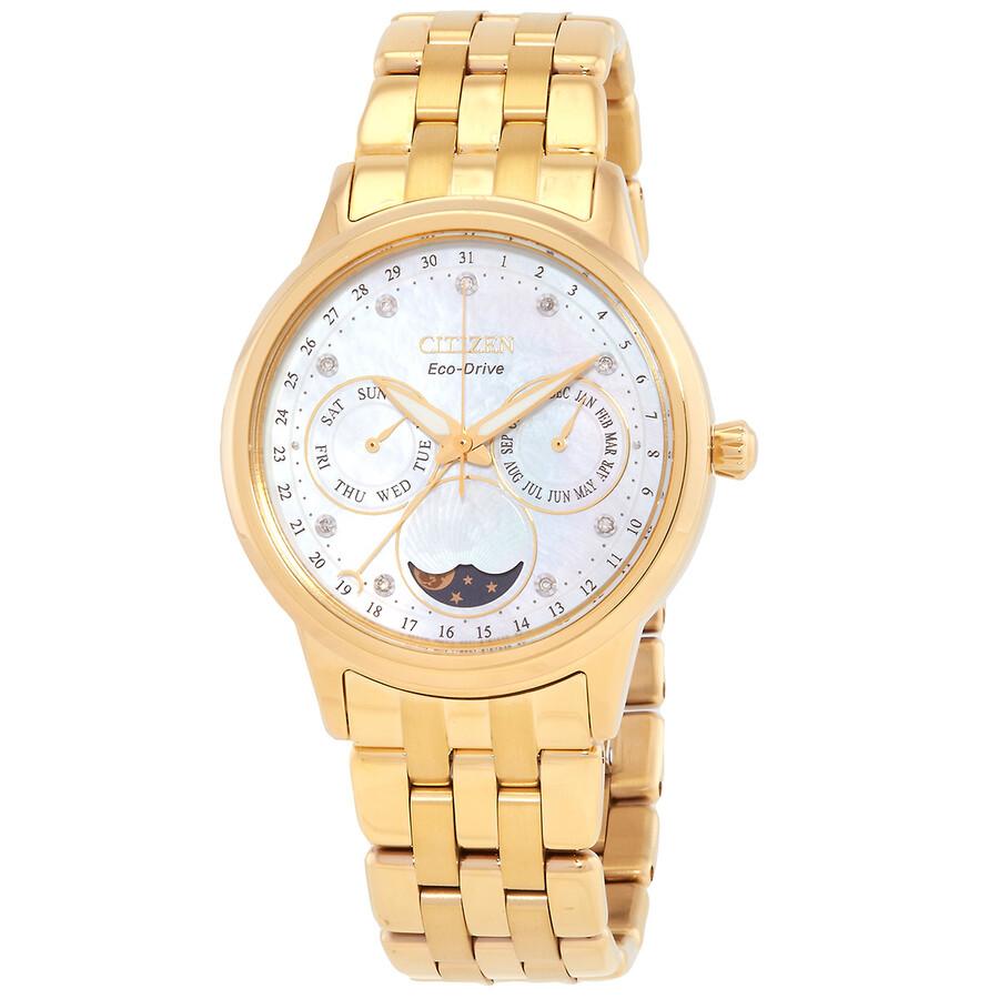 Shop Calendrier Moon Phase Diamond White Mother of Pearl Dial