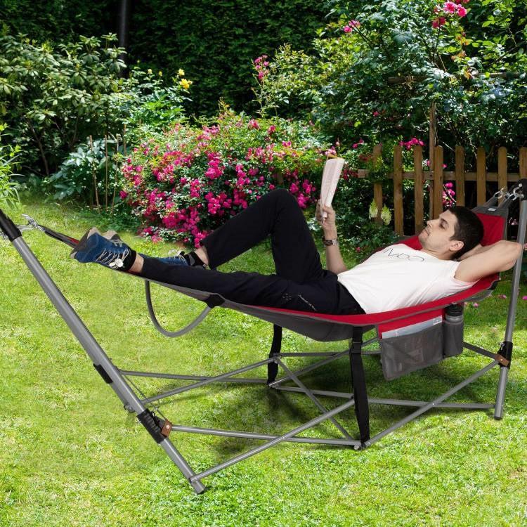 QuikFurn Red Portable Camping Foldable Hammock with Stand and Carry Case