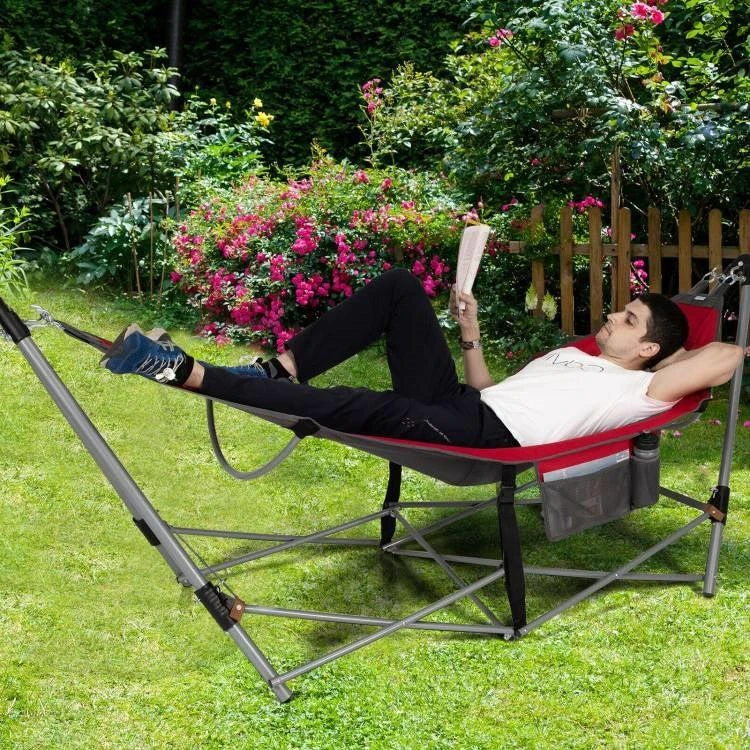 QuikFurn Red Portable Camping Foldable Hammock with Stand and Carry Case 2