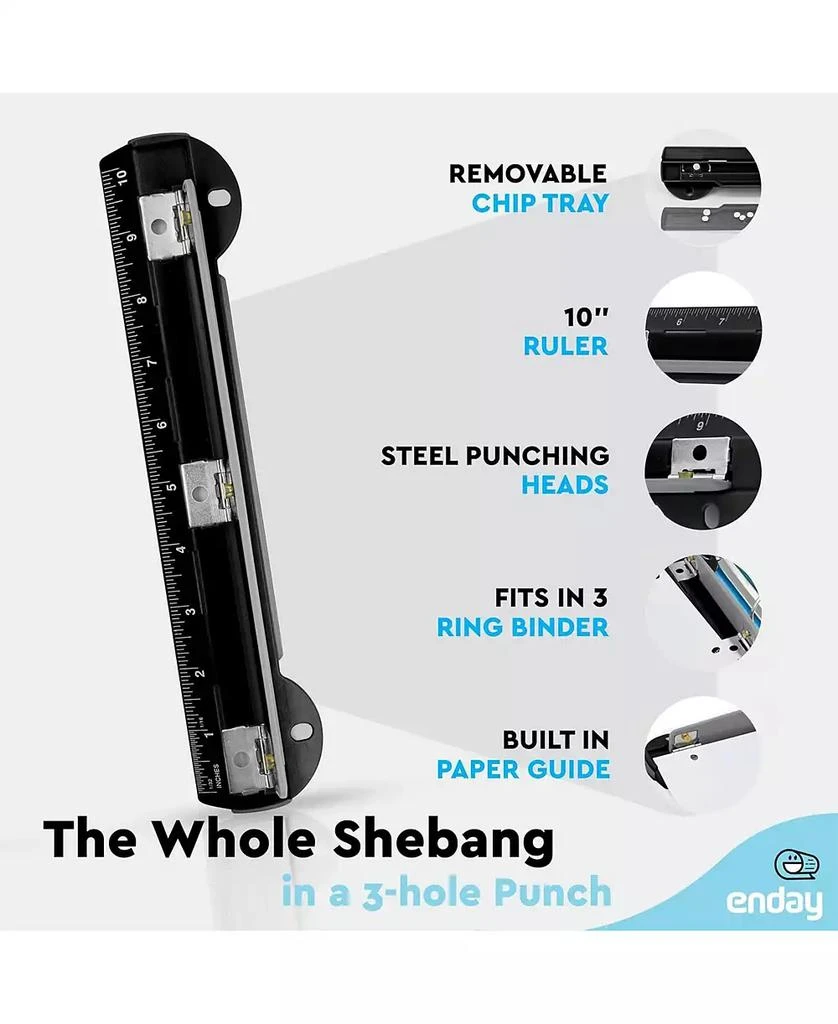 Enday 3 Hole Punch Pink, Portable Hole Puncher for 3 Ring Binder, 3 Sheets Capacity, Removable Chip Tray, 10” Ruler for School, Office, 1 Pc-by Enday 2