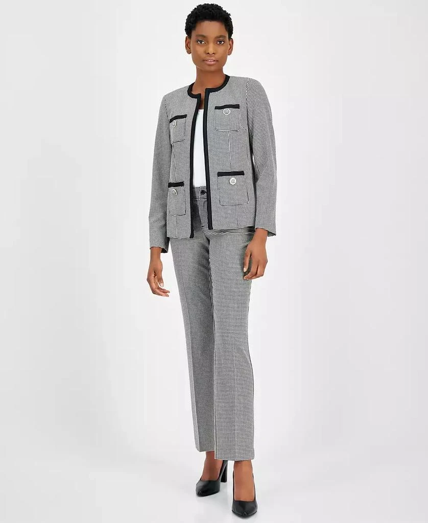 Anne Klein Petite Houndstooth Collarless Braid-Trim Jacket 3