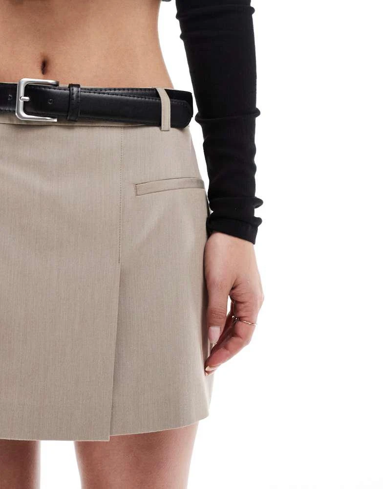 Stradivarius Stradivarius tailored belted mini skort in taupe 5