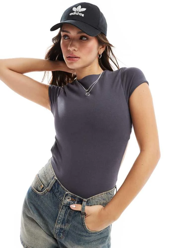 ASOS ASOS DESIGN double layer cap sleeve bodysuit with cut out back in dark grey 4