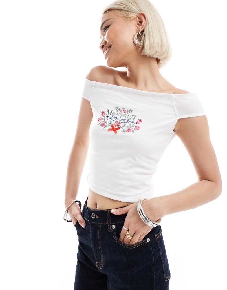 Daisy Street Daisy Street off shoulder embroidered crop top in white