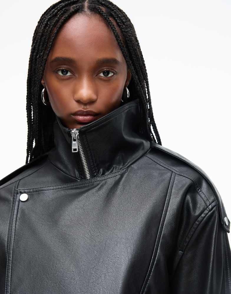 Shop Bershka Belted faux leather jacket in black on Sale at