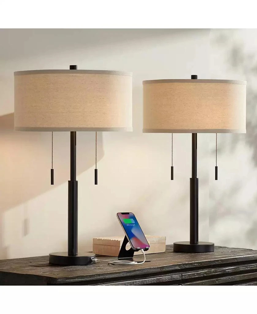 Franklin Iron Works Bernie Industrial Table Lamps 25" High Set of 2 Rich Bronze with USB Charging Port Tan Drum Shade for Bedroom Living Room Bedside
