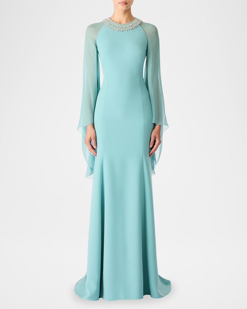 Jenny Packham Charma Crystal-Neck Flare-Sleeve Gown