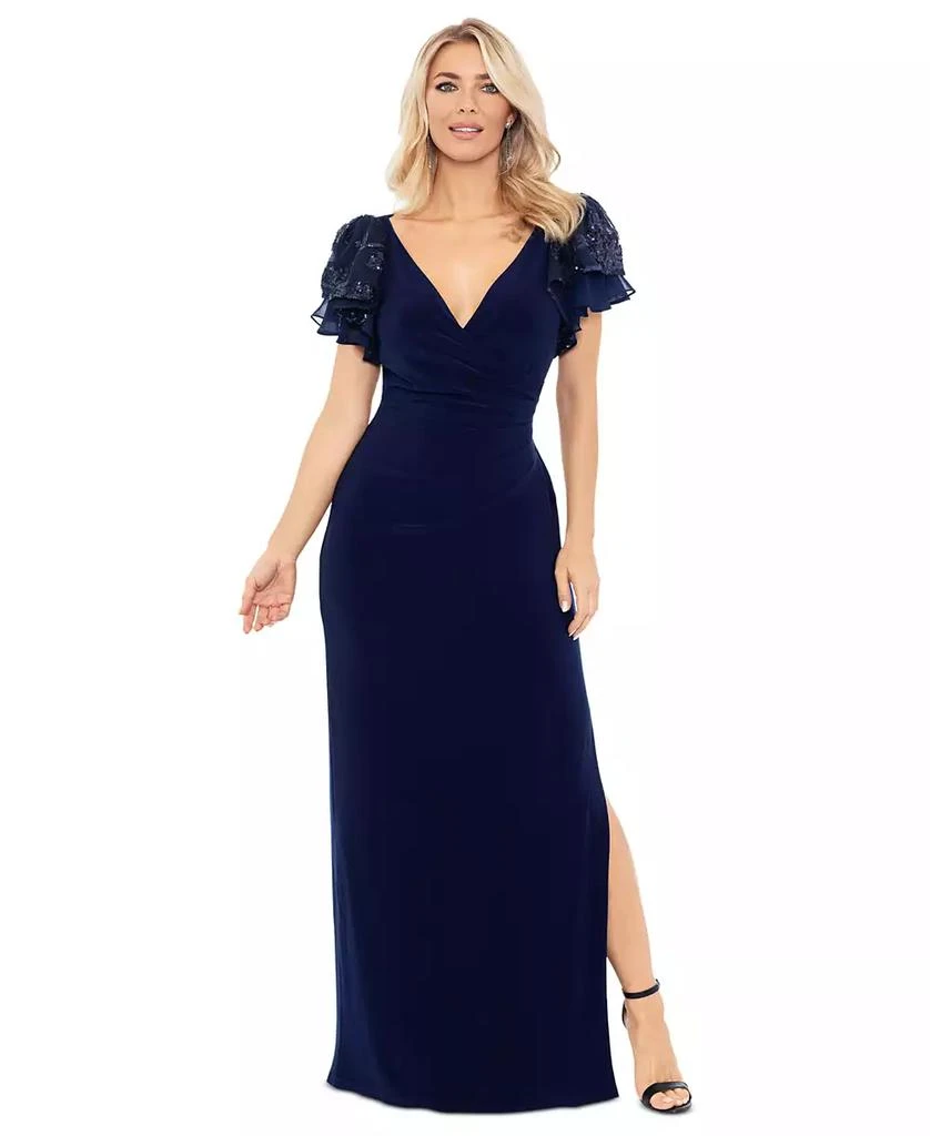 Betsy Adam Women's Sequin-Sleeve Surplice-Neck Gown Dresses