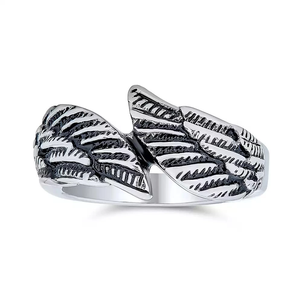 Bling Jewelry Stainless Steel Angel Wing Band Ring Biker Jewelry Oxidized