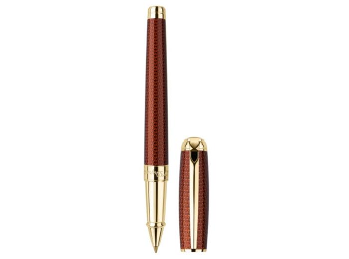 S.T. Dupont Gamme orfèvre - Stylo Roller large line D laque naturelle ambre et or jaune