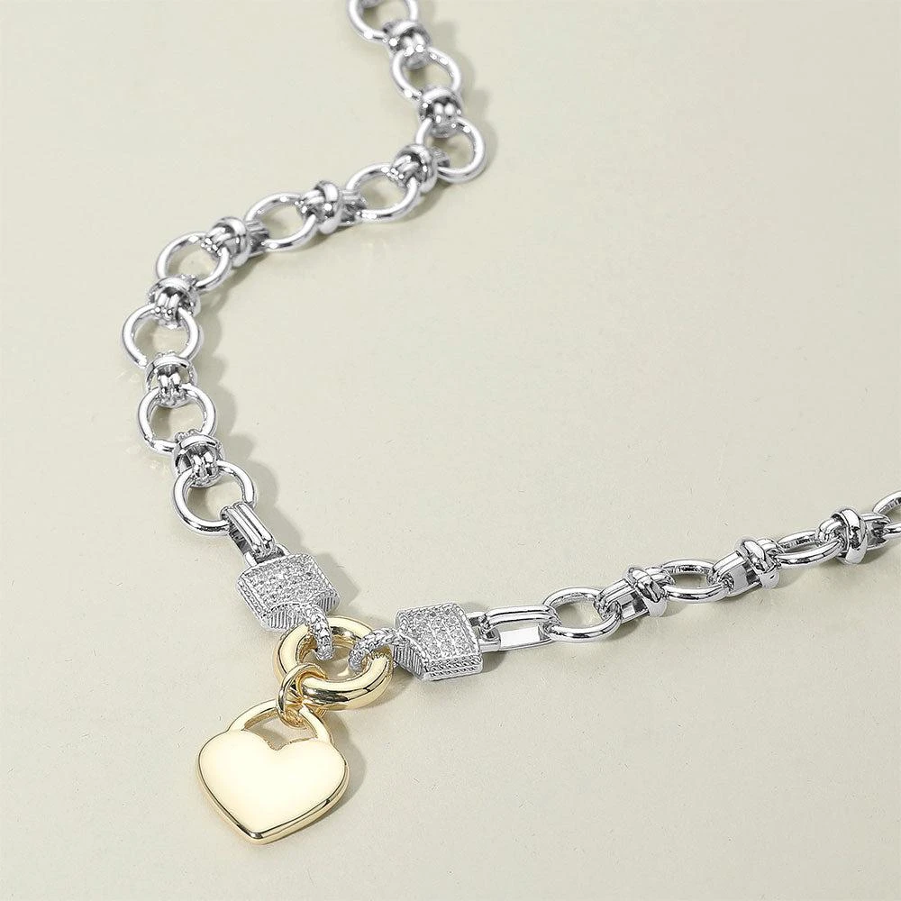 FASHNZFAB 14K Gold Plated Two Tone Heart Pendant CZ Stone Paved Link Chain Necklace