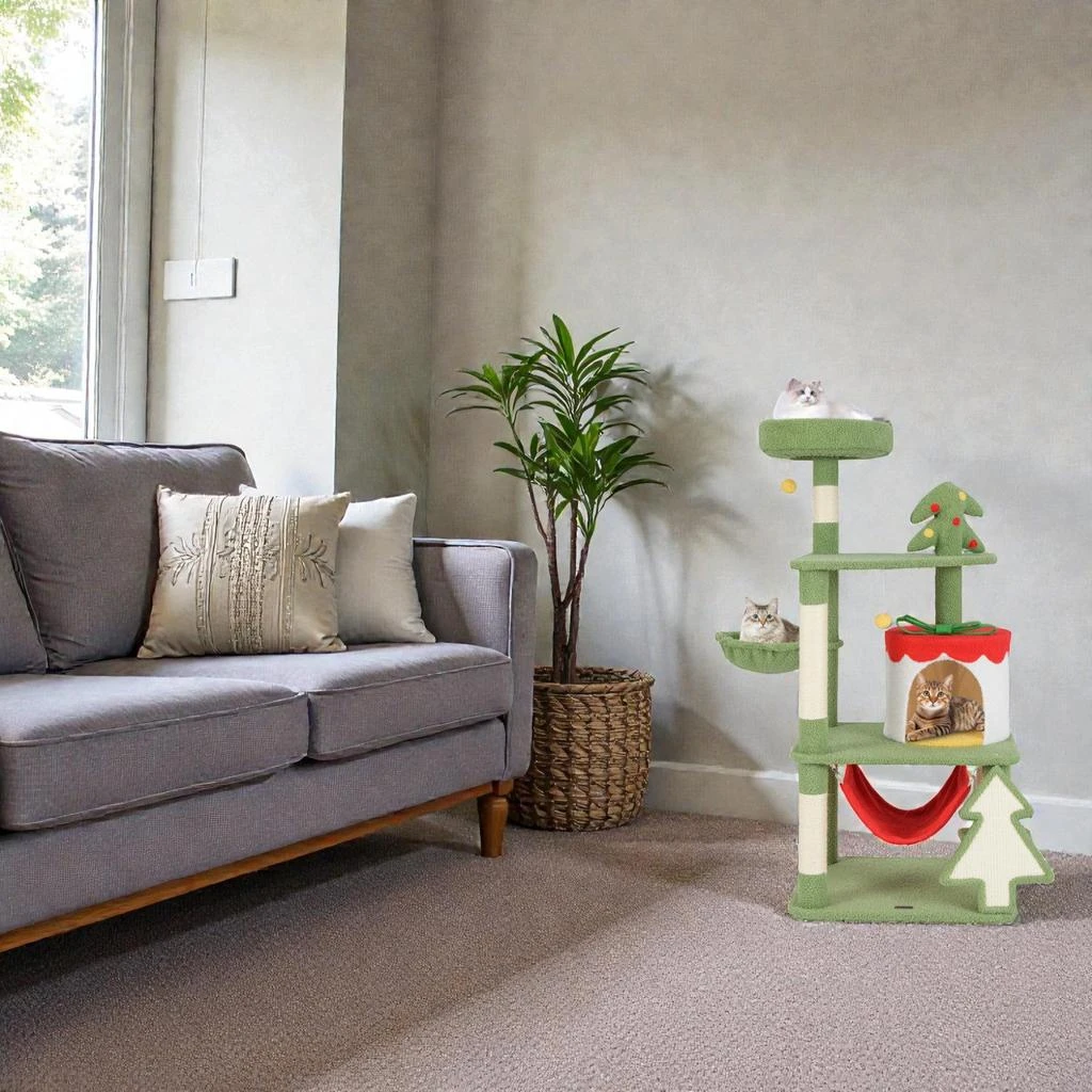 Hivvago Christmas-Themed Feline Tree Featuring Sisal Posts and Gift Box Condo