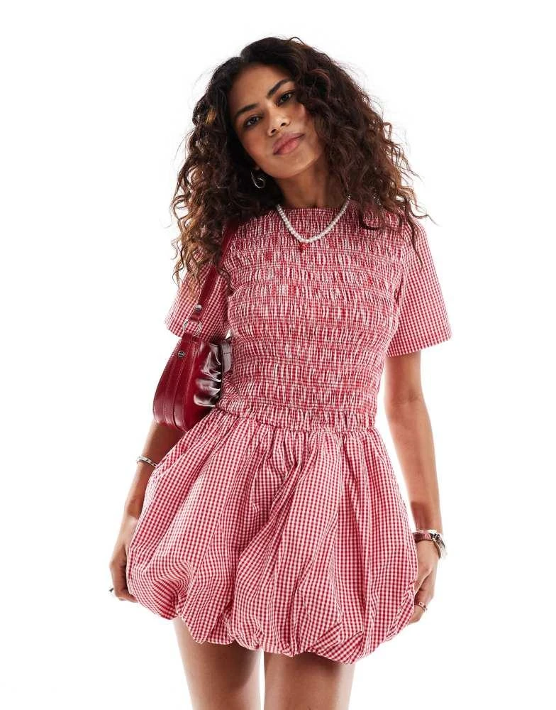 Amy Lynn Amy Lynn Elenor shirred short sleeve puffball ultra mini dress in red and white gingham 2