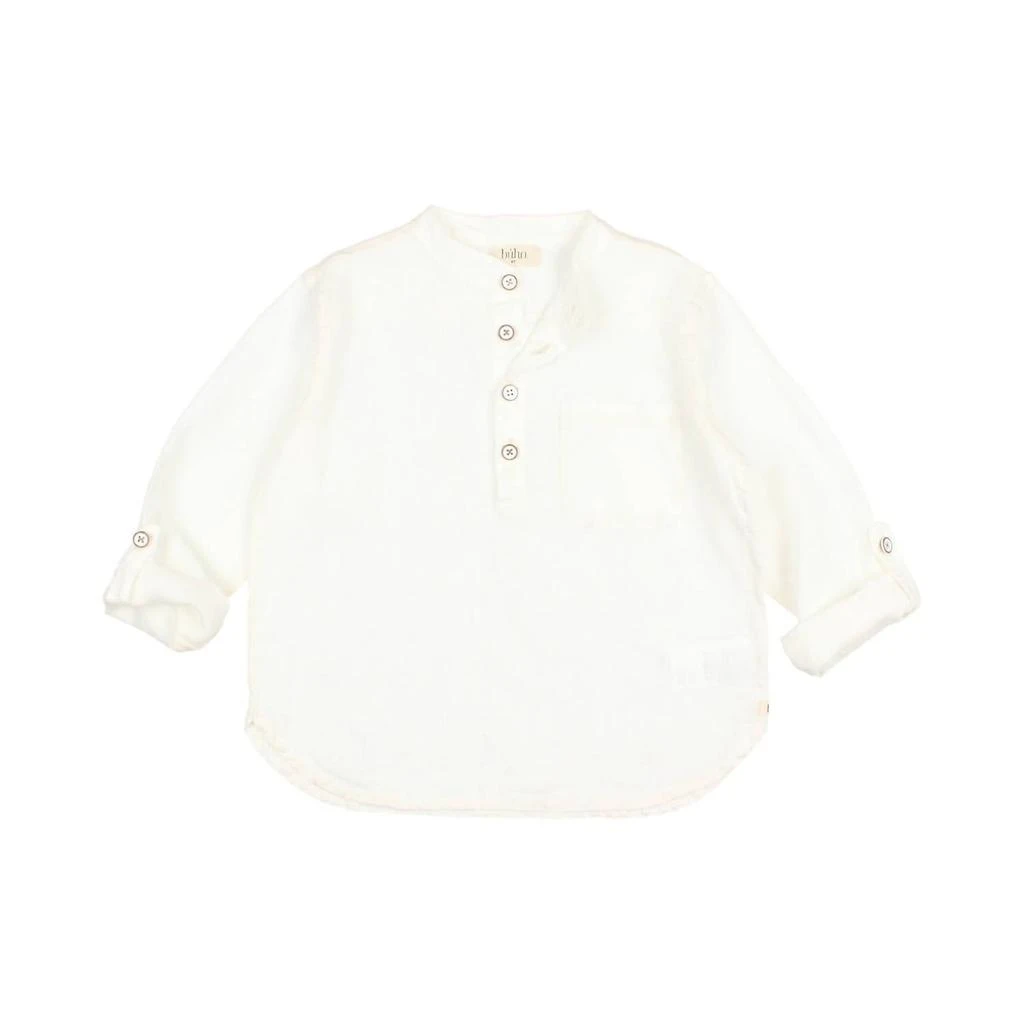 Búho Kid's Ecru Linen Kurta Shirt In White & Ivory 3