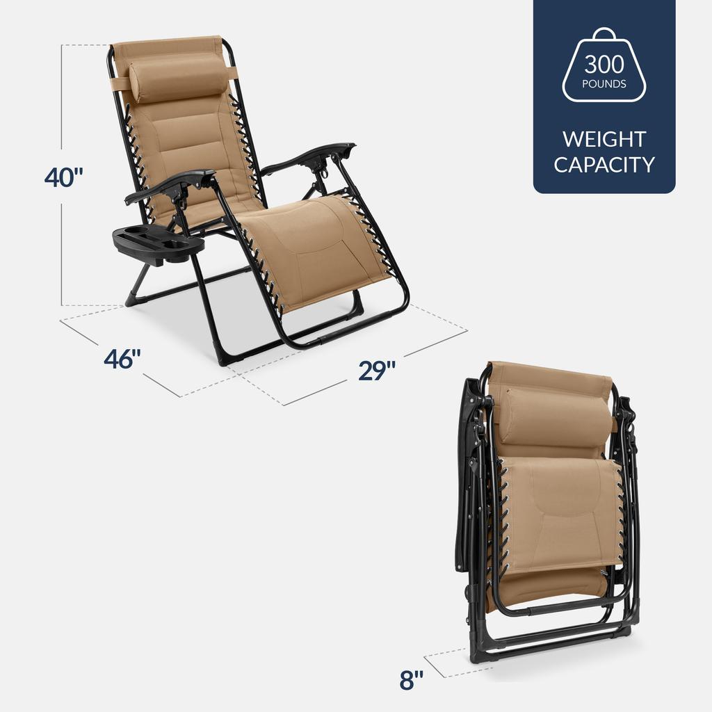 Best Choice Products Oversized Padded Zero Gravity Chair, Folding Outdoor Patio Recliner w/ Side Tray - Beige