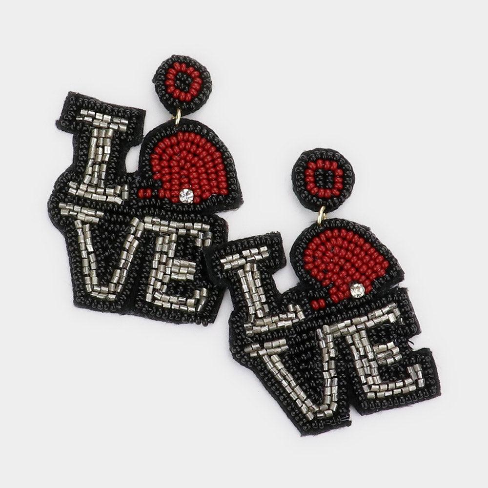 FASHNZFAB LOVE Felt Back Seed Beaded Football Helmet Pointed Message Dangle Earrings