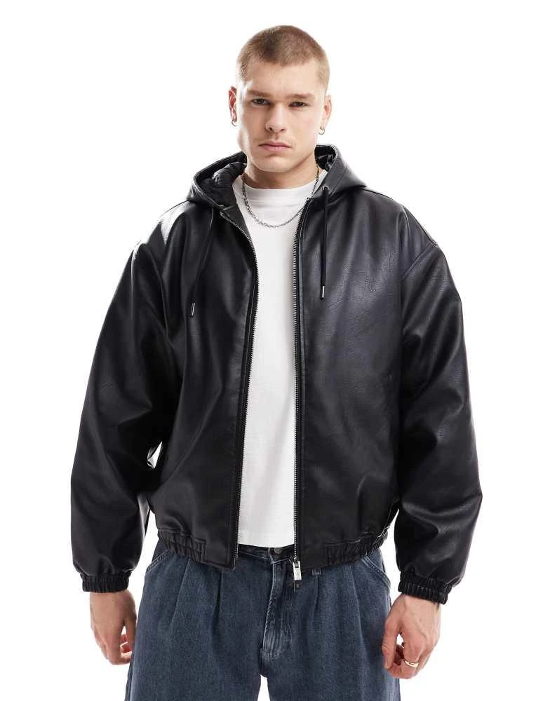 Bershka Bershka boxy fit faux leather jacket with hood in black 1