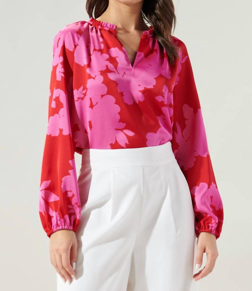 Sugarlips Burning Love Split Neck Blouse In Cherry Pink