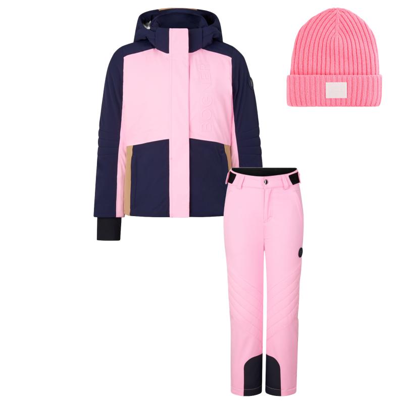 Bogner Color block pink and navy girls hooded ski jacket pants and beanie hat set