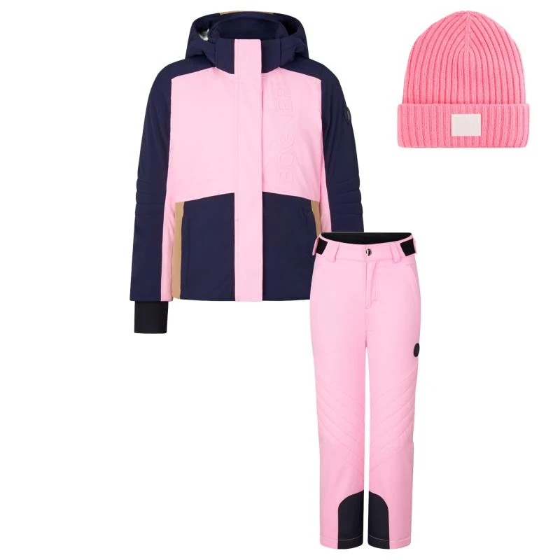 Bogner Kids Color block pink and navy girls hooded ski jacket pants and beanie hat set 1