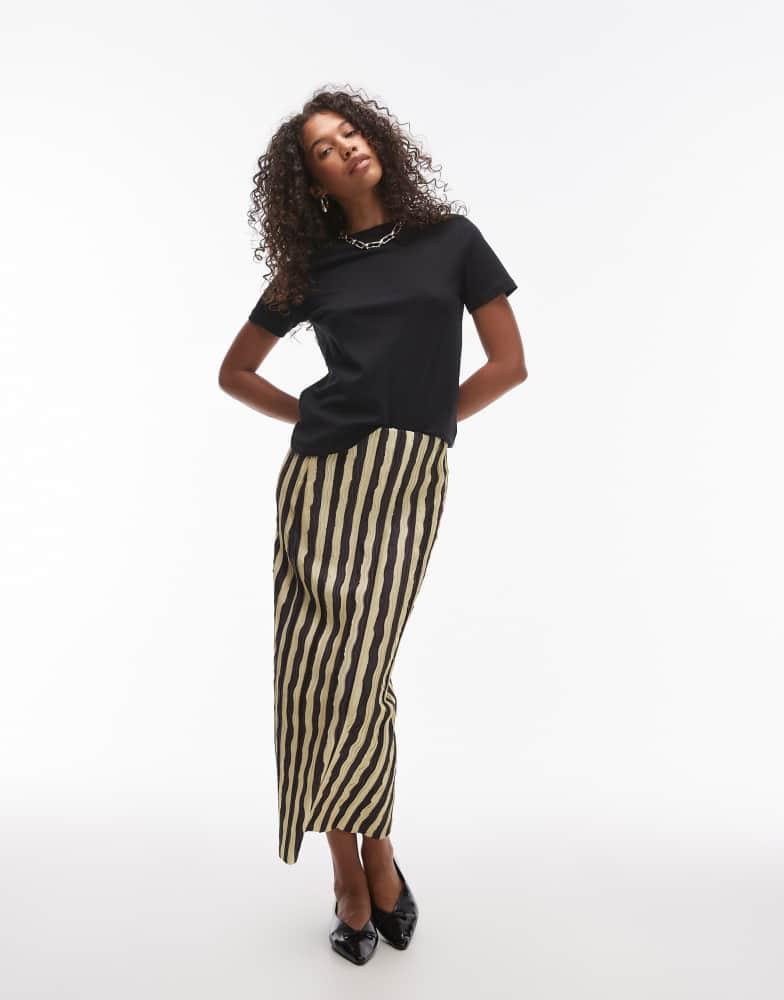 Topshop Topshop stripe plisse midaxi skirt in chocolate