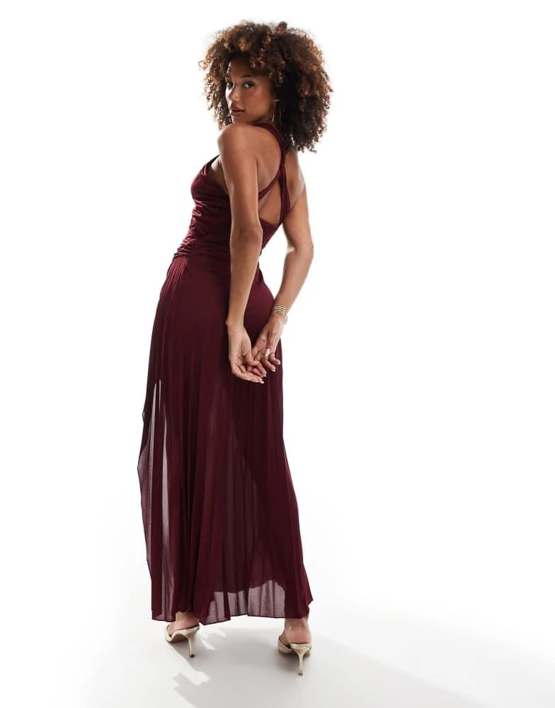 ASOS ASOS DESIGN cross strap halter pleated midi dress in berry 4