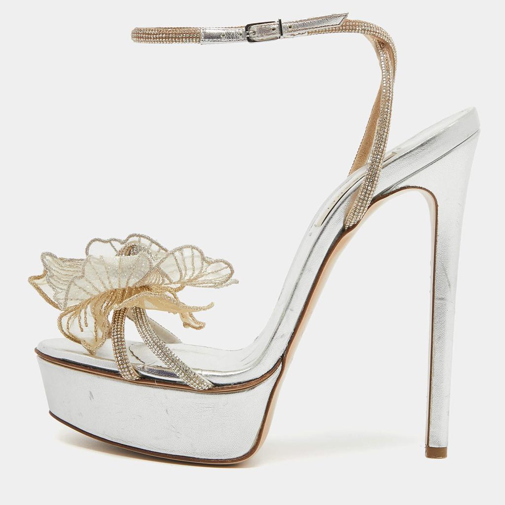 Casadei Casadei Silver/Gold Crystal Leather Flower Embellished Platform Ankle Strap Sandals Size 38.5