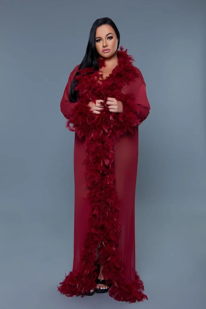 TRUEDAMES Long Glamour Chiffon Robe with Feather Boa Trim