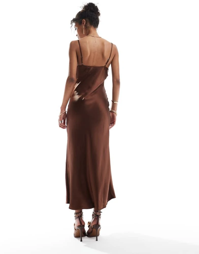 Bershka Bershka tie front satin maxi dress in brown 4