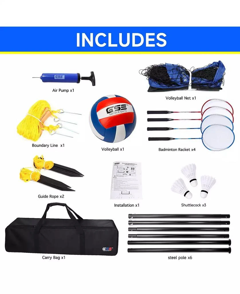 GSE Games 
Sports Expert Volleyball and Badminton Combo Set with Net,4 Rackets,3 Birds, PU Volleyball and Carrying Bag (Recreational) 3