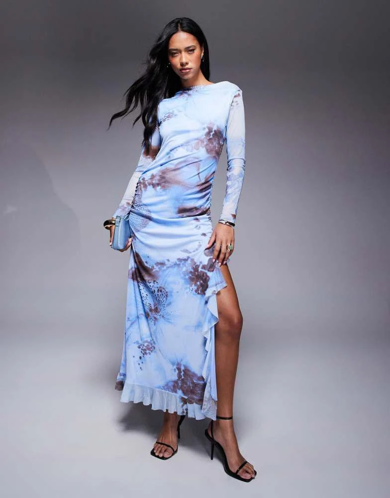 navy blue dress for baby girl ASOS DESIGN high neck long sleeve a-line maxi dress in blue abstract print