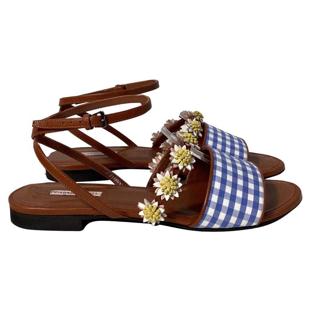 Fabrizio Viti Bea Floral-Appliqué Gingham Sandals in Blue Leather