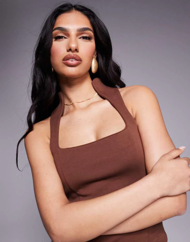 ASOS ASOS DESIGN ponte racer top with curved neckline in chocolate 4