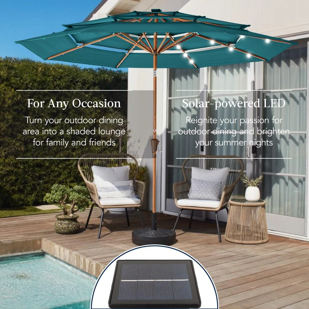 Best Choice Products Woodgrain Pattern 10ft 3-Tier Solar Patio Umbrella w/ 24 LED Lights, Tilt 5
