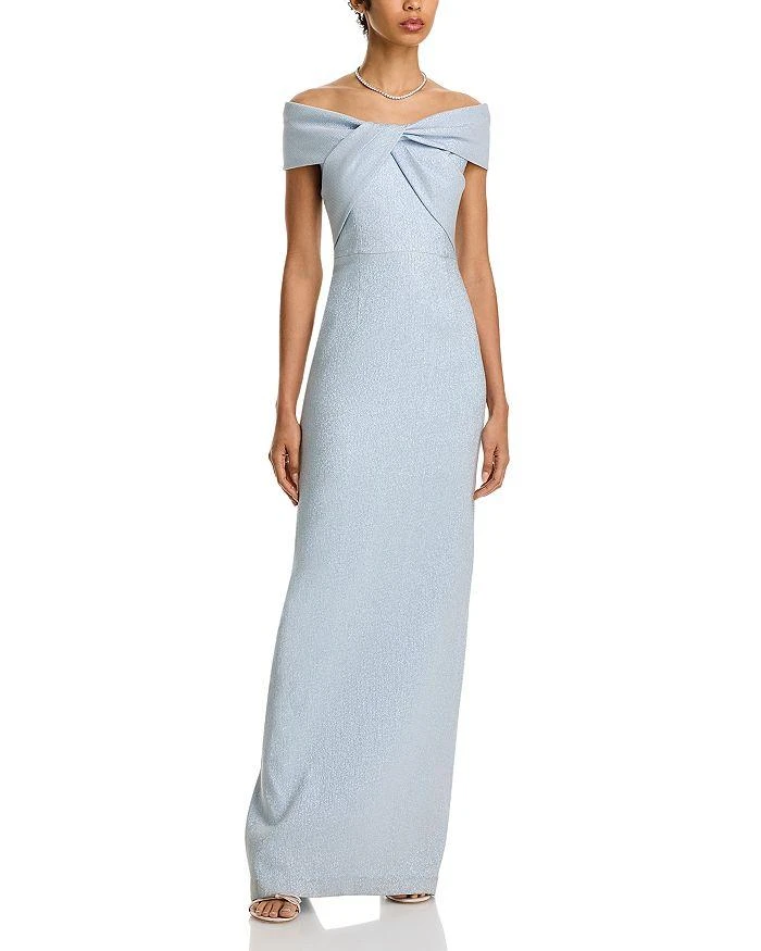 Teri Jon Metallic Jacquard Off-the-Shoulder Gown