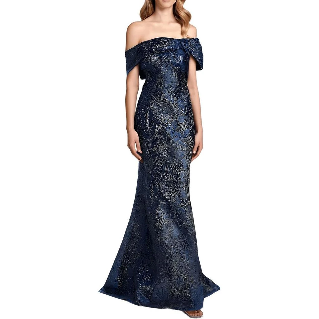 green emerald velvet dress Teri Jon Metallic Jacquard Twist Bodice Off The Shoulder Gown Size 8